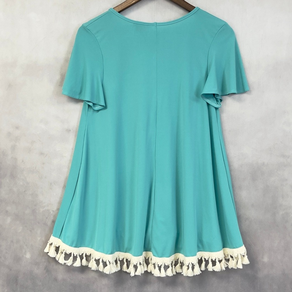 Judith March Tassel Fringe Hem Tunic Top Women Small Teal‎ Stretch Boho Indie - Picture 2 of 12